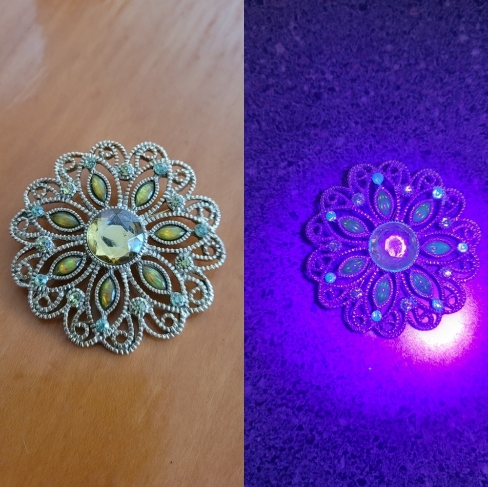 Vintage‎ Silver Uranium Glass Blue and Green Glass Filigree Brooch Pin